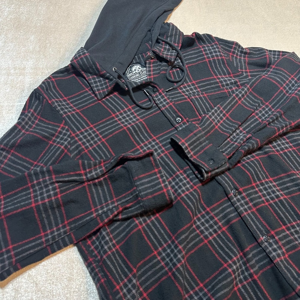 Lurking Class Sketchy Tank Hooded Flannel Shirt Large Black Red Plaid Skate
